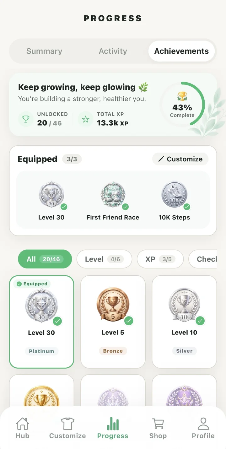 Achievements screen at 43% complete with earned Level, Friend Race and 10K Steps badges
