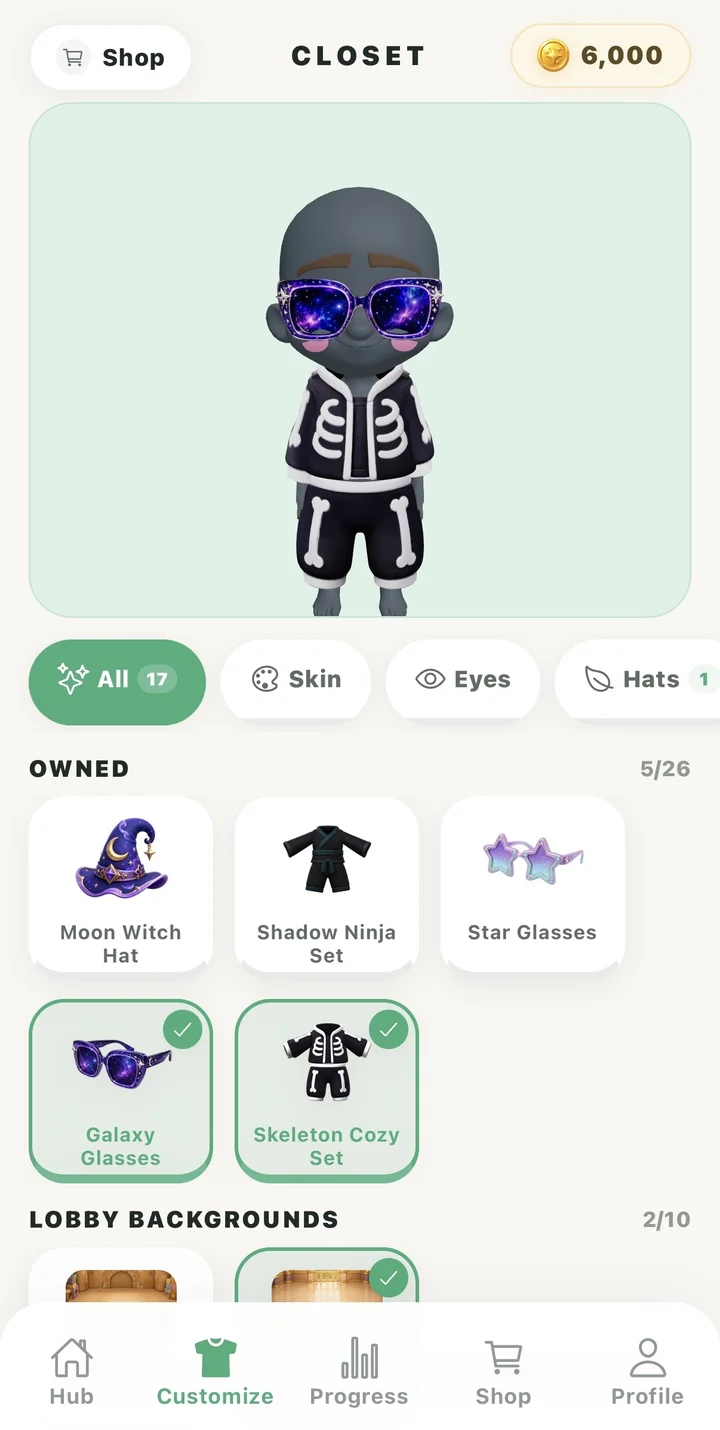 Closet screen for customizing your companion with owned hats, glasses and outfits
