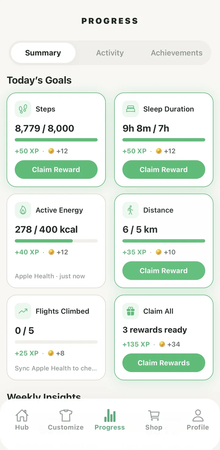 Daily goals for steps, sleep, active energy and distance, each rewarding XP and Gold
