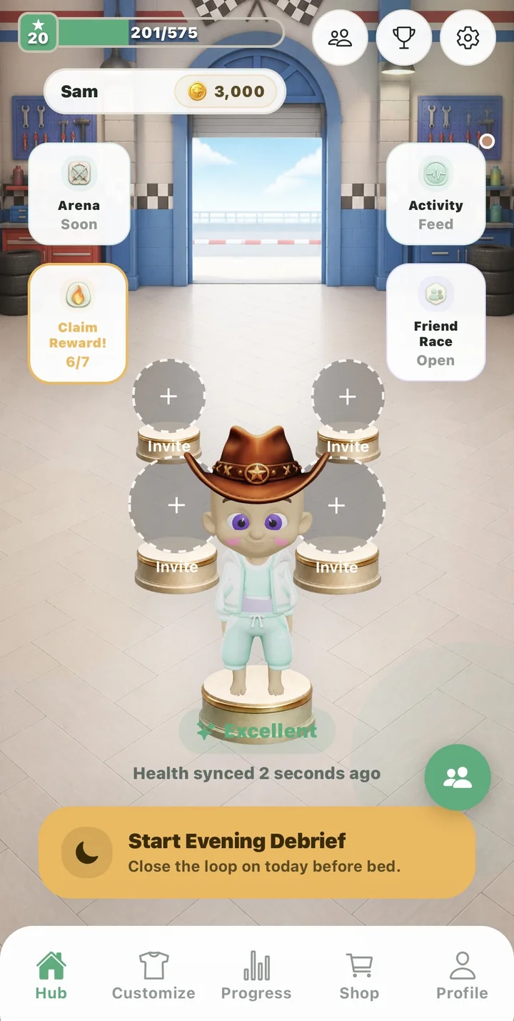 Bloomi home hub — a 3D companion in a cowboy hat on its podium with an “Excellent” daily health status