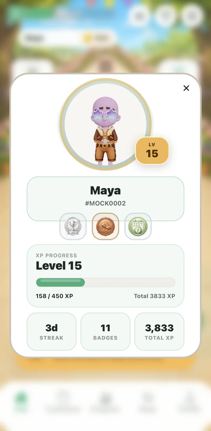 Profile card showing level, XP progress, streak and earned badges