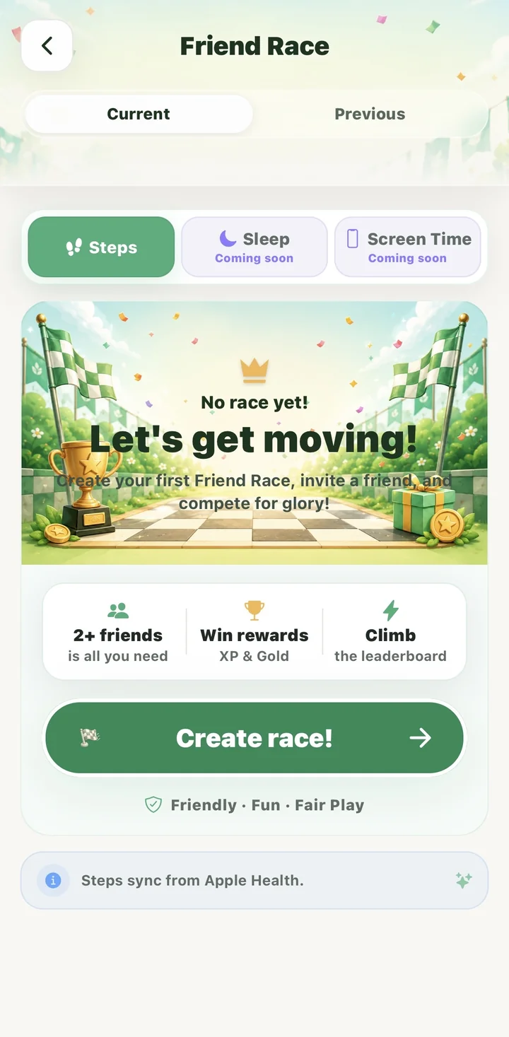 Friend Race screen to challenge a friend on steps and compete for rewards