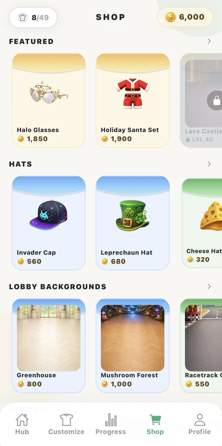 Shop featuring cosmetics, hats and lobby backgrounds purchasable with Gold
