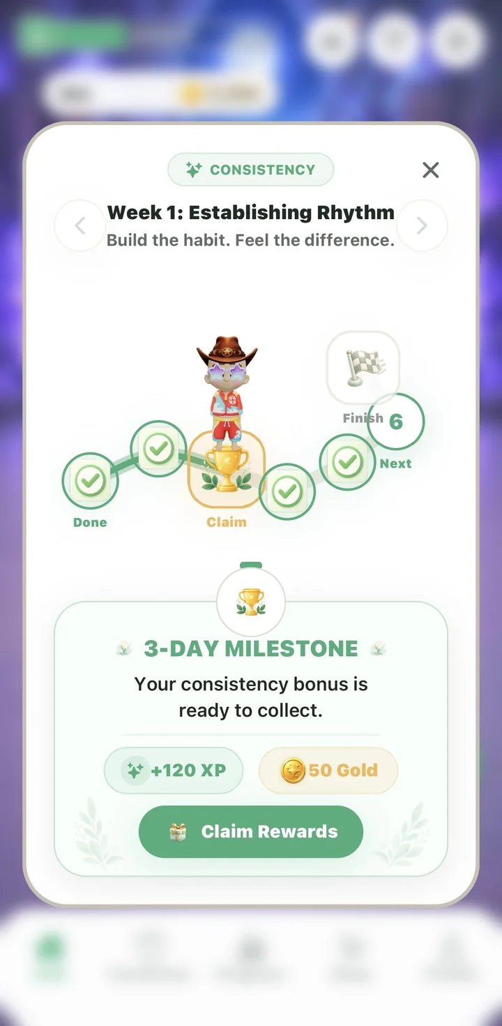 A consistency milestone ready to claim for bonus XP and Gold